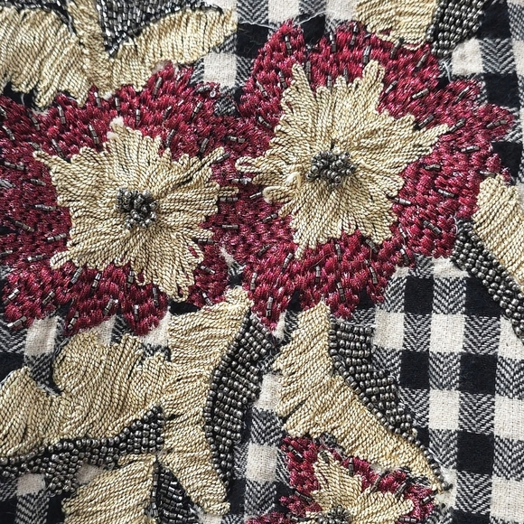 ZARA Black White Gingham Flannel Button Front, Floral Embroidery, High Low Tunic - Picture 10 of 16